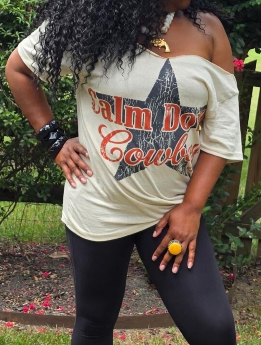 🤠Calm Down Cowboy Red and Blackish-Grey Print On Natural T Shirt🤠